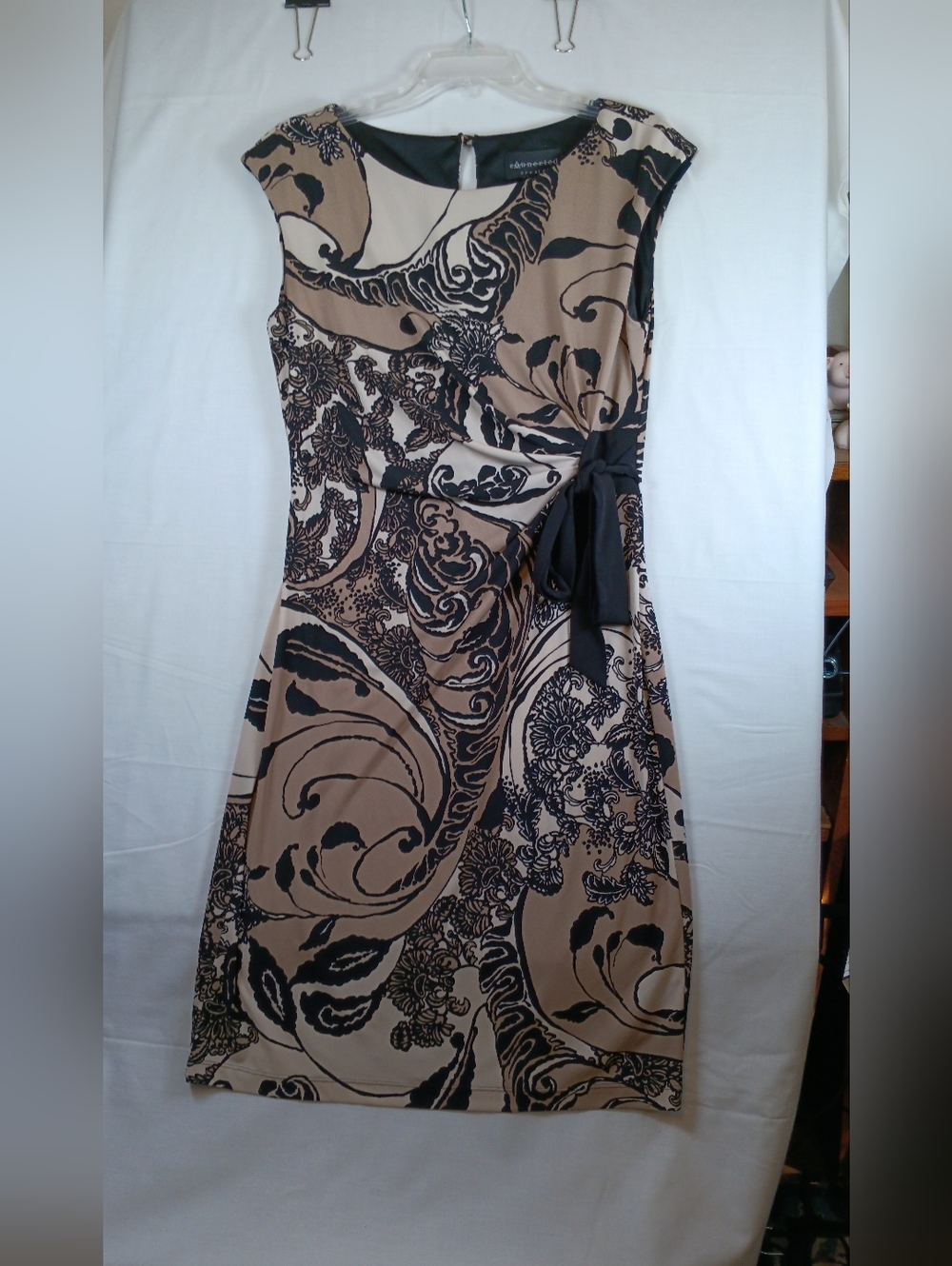 Connected Apparel Beige and Black FauxTie-Waist Midi Dress